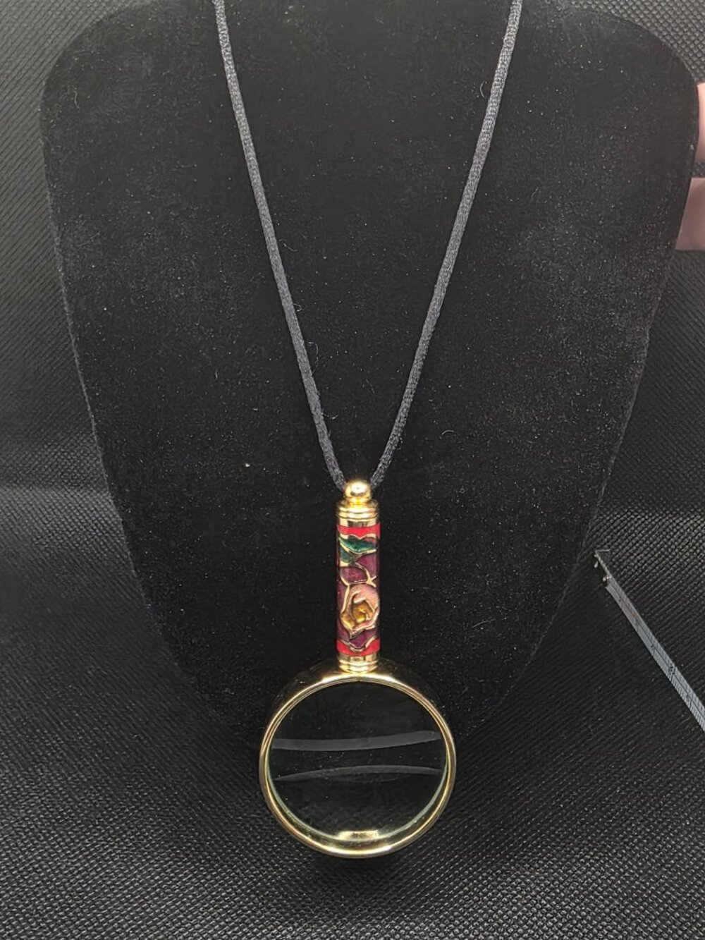 Vintage Red Floral Cloisonne Magnifier Pendant Long Rope Necklace Boho